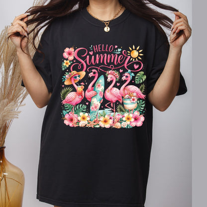 Hello Summer Flamingos DTF Transfer Ready to Press Tropical Beach UV DTF Sticker Flamingo Lover Heat Transfer for Shirts