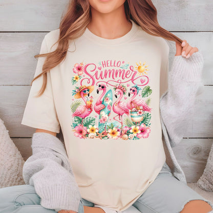 Hello Summer Flamingos DTF Transfer Ready to Press Tropical Beach UV DTF Sticker Flamingo Lover Heat Transfer for Shirts