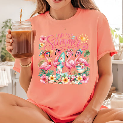 Hello Summer Flamingos DTF Transfer Ready to Press Tropical Beach UV DTF Sticker Flamingo Lover Heat Transfer for Shirts