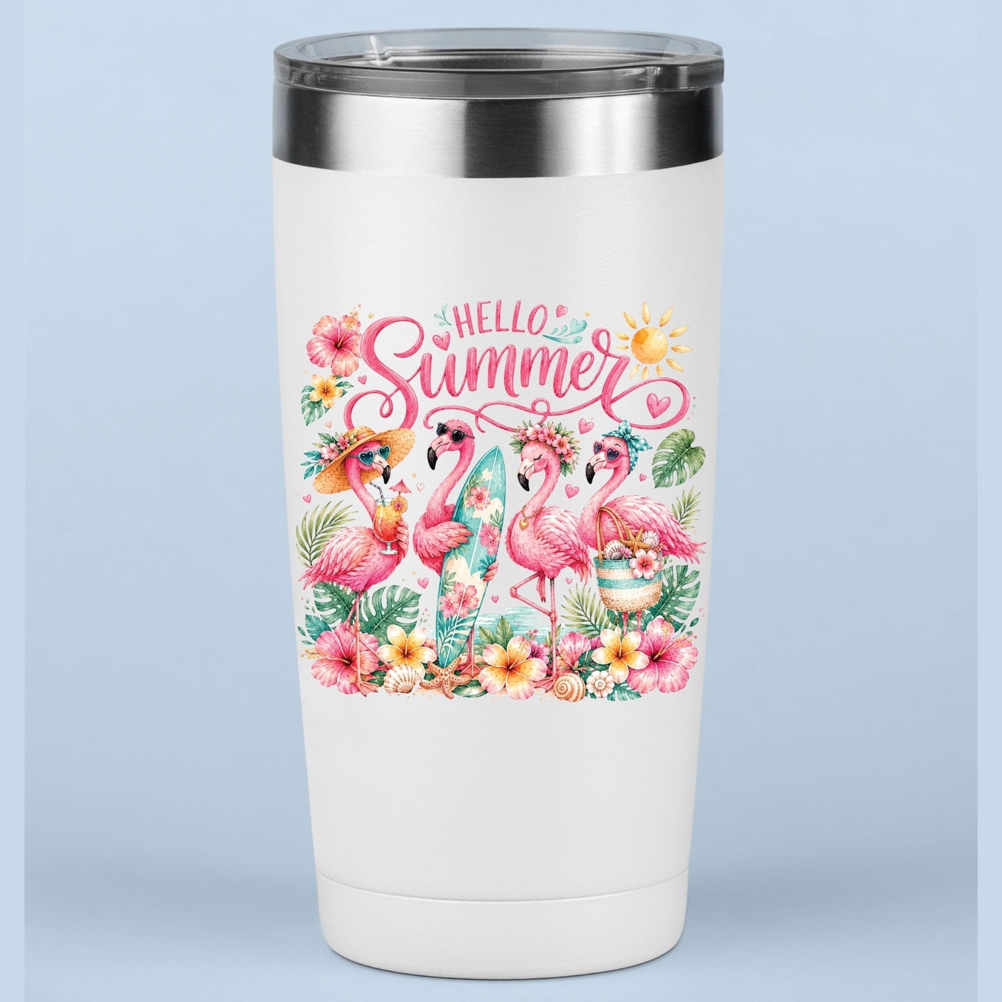 Hello Summer Flamingos DTF Transfer Ready to Press Tropical Beach UV DTF Sticker Flamingo Lover Heat Transfer for Shirts