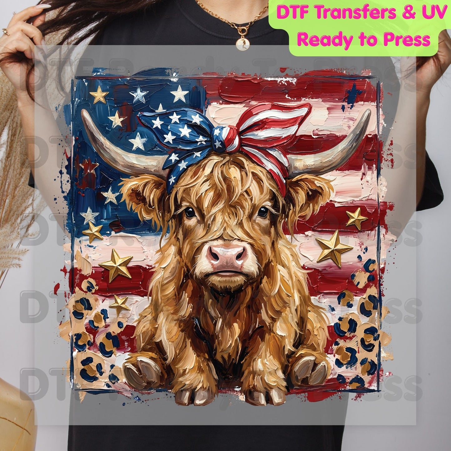 Highland Cow American Flag DTF Transfer Ready to Press Patriotic Cow with Bow Heat Transfer For Shirts Independence Day UV Sticker Prints