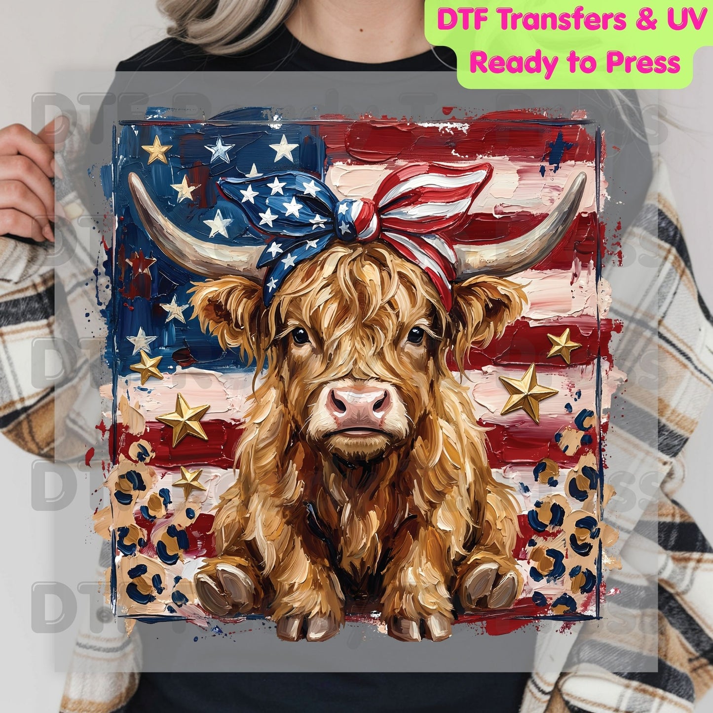 Highland Cow American Flag DTF Transfer Ready to Press Patriotic Cow with Bow Heat Transfer For Shirts Independence Day UV Sticker Prints