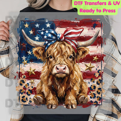 Highland Cow American Flag DTF Transfer Ready to Press Patriotic Cow with Bow Heat Transfer For Shirts Independence Day UV Sticker Prints