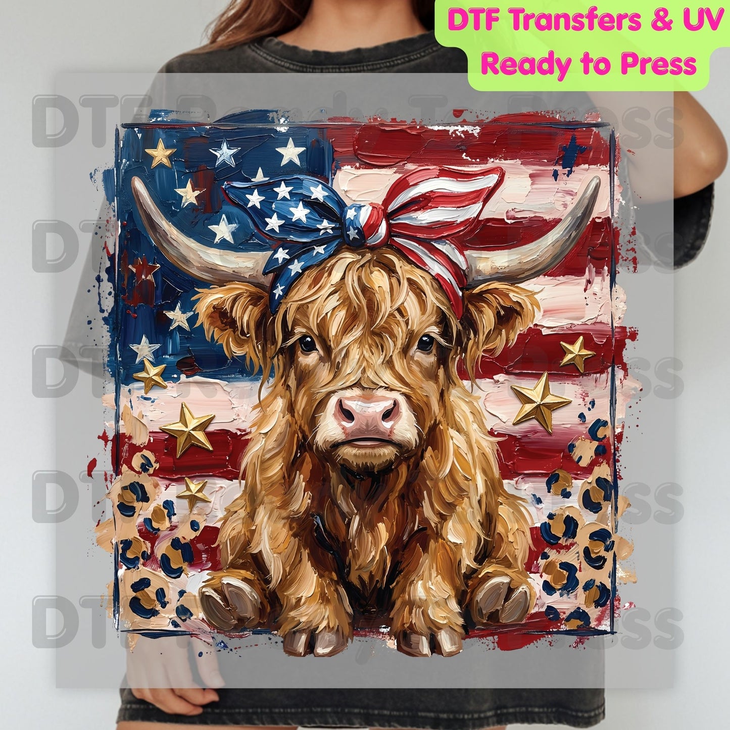 Highland Cow American Flag DTF Transfer Ready to Press Patriotic Cow with Bow Heat Transfer For Shirts Independence Day UV Sticker Prints