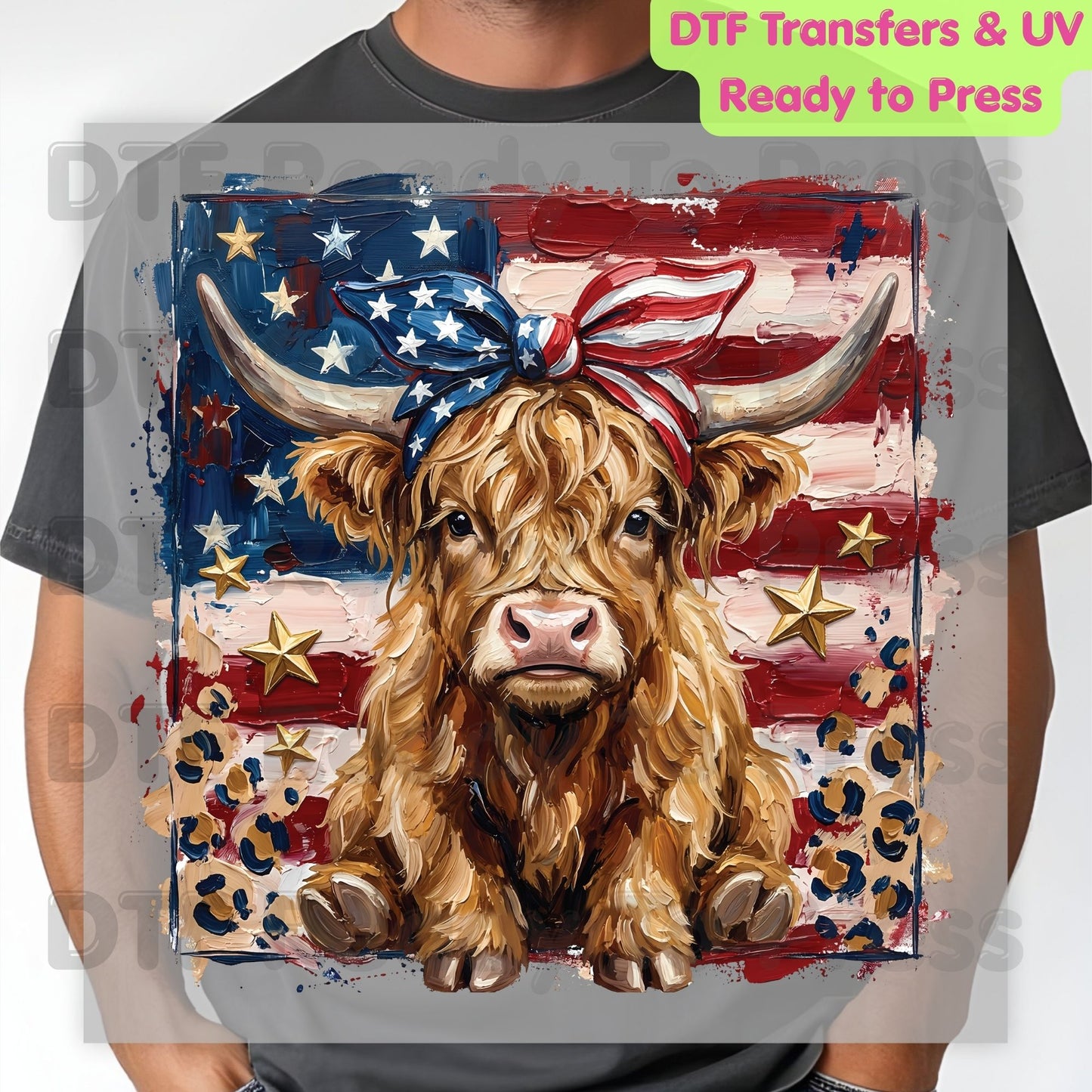 Highland Cow American Flag DTF Transfer Ready to Press Patriotic Cow with Bow Heat Transfer For Shirts Independence Day UV Sticker Prints
