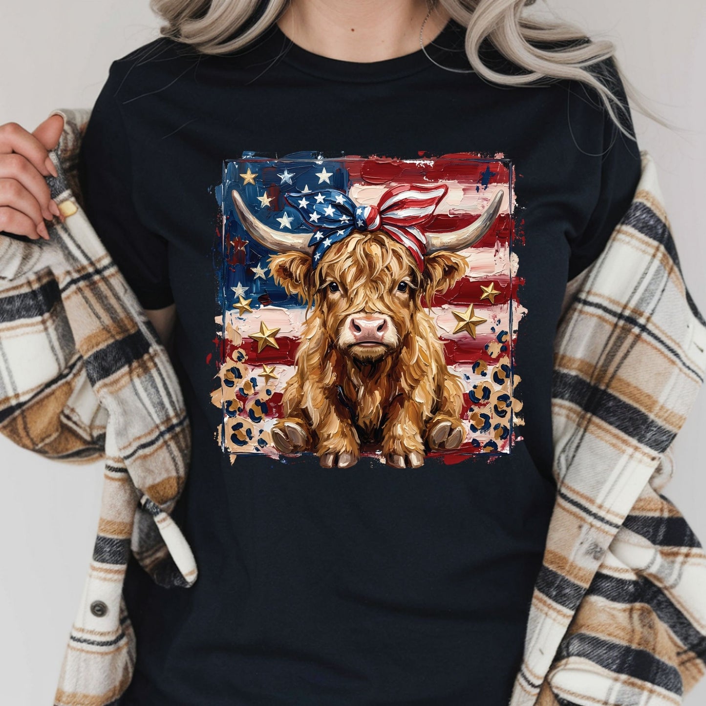 Highland Cow American Flag DTF Transfer Ready to Press Patriotic Cow with Bow Heat Transfer For Shirts Independence Day UV Sticker Prints