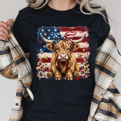 Highland Cow American Flag DTF Transfer Ready to Press Patriotic Cow with Bow Heat Transfer For Shirts Independence Day UV Sticker Prints