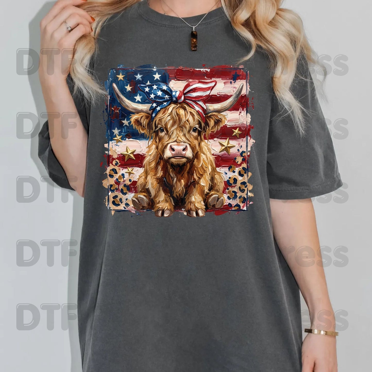 Highland Cow American Flag DTF Transfer Ready to Press Patriotic Cow with Bow Heat Transfer For Shirts Independence Day UV Sticker Prints