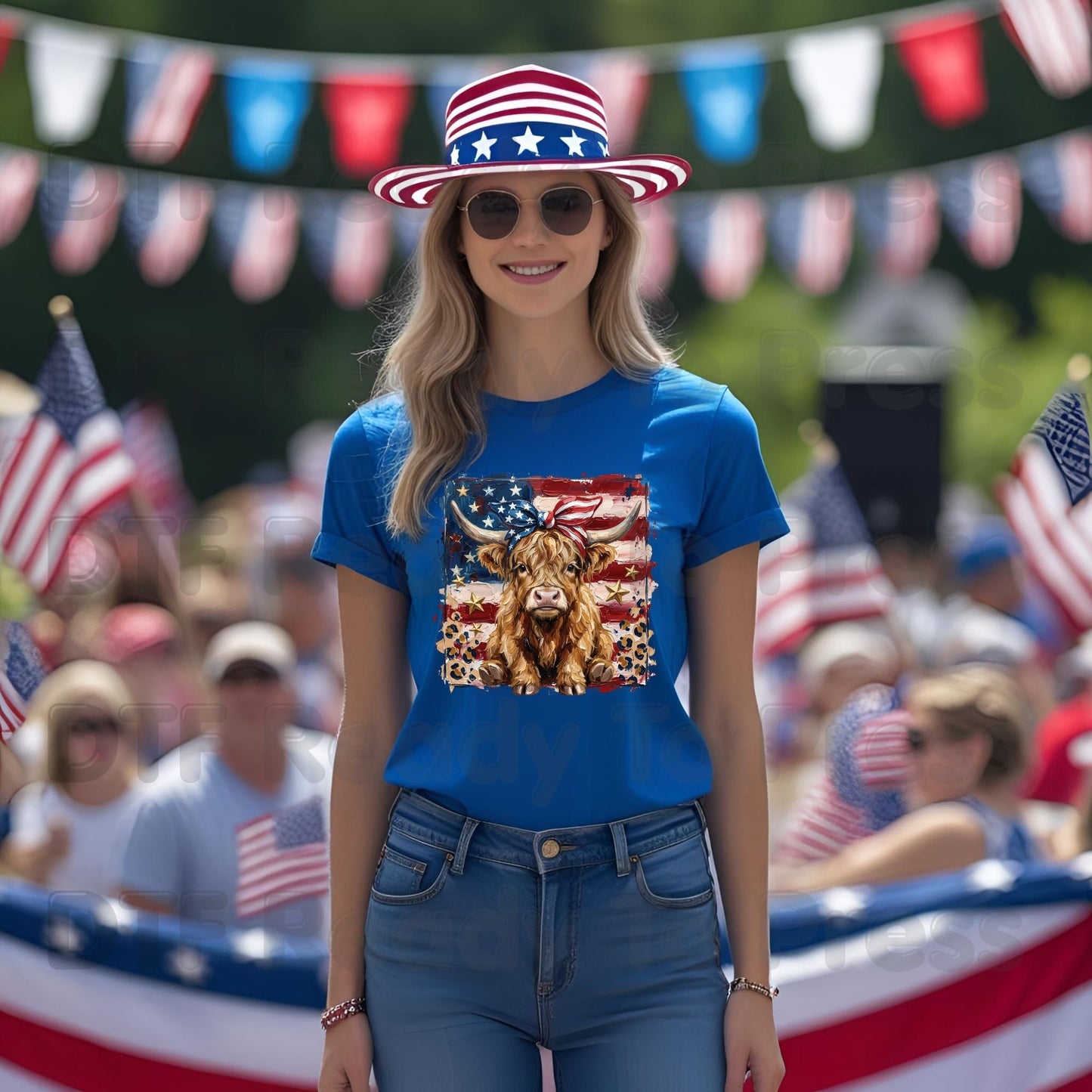 Highland Cow American Flag DTF Transfer Ready to Press Patriotic Cow with Bow Heat Transfer For Shirts Independence Day UV Sticker Prints