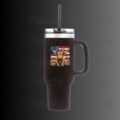 Highland Cow American Flag DTF Transfer Ready to Press Patriotic Cow with Bow Heat Transfer For Shirts Independence Day UV Sticker Prints