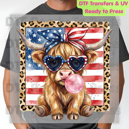 Highland Cow American Flag DTF Transfer Ready to Press Patriotic Cow with Sunglasses and Bubblegum Heat Transfer For Shirts Independence Day UV Sticker Prints