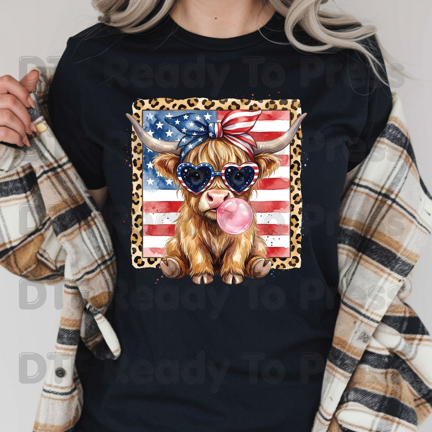Highland Cow American Flag DTF Transfer Ready to Press Patriotic Cow with Sunglasses and Bubblegum Heat Transfer For Shirts Independence Day UV Sticker Prints