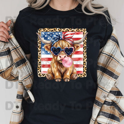 Highland Cow American Flag DTF Transfer Ready to Press Patriotic Cow with Sunglasses and Bubblegum Heat Transfer For Shirts Independence Day UV Sticker Prints