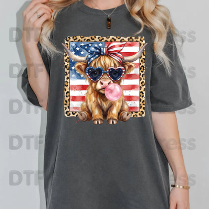 Highland Cow American Flag DTF Transfer Ready to Press Patriotic Cow with Sunglasses and Bubblegum Heat Transfer For Shirts Independence Day UV Sticker Prints