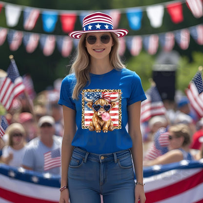 Highland Cow American Flag DTF Transfer Ready to Press Patriotic Cow with Sunglasses and Bubblegum Heat Transfer For Shirts Independence Day UV Sticker Prints