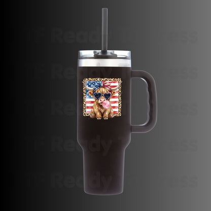 Highland Cow American Flag DTF Transfer Ready to Press Patriotic Cow with Sunglasses and Bubblegum Heat Transfer For Shirts Independence Day UV Sticker Prints