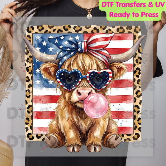 Highland Cow American Flag DTF Transfer Ready to Press Patriotic Cow with Sunglasses and Bubblegum Heat Transfer For Shirts Independence Day UV Sticker Prints