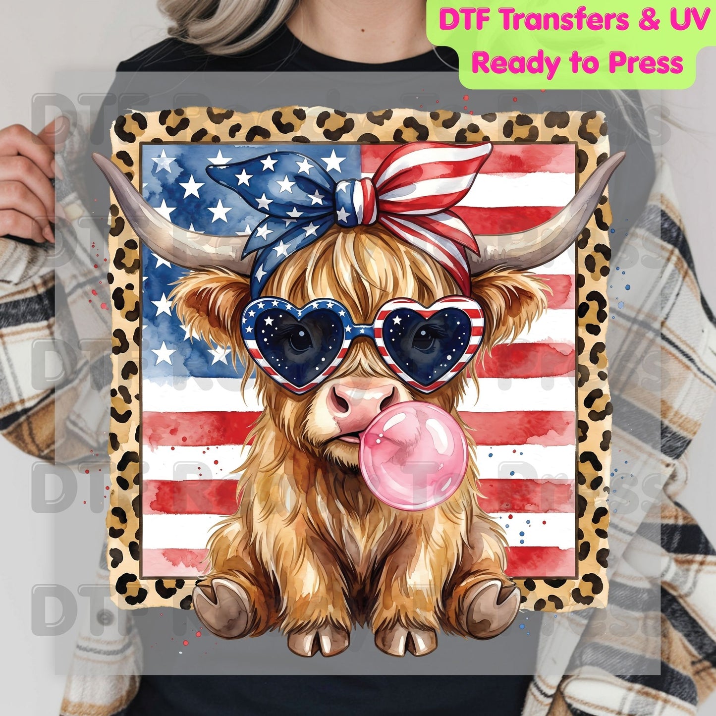 Highland Cow American Flag DTF Transfer Ready to Press Patriotic Cow with Sunglasses and Bubblegum Heat Transfer For Shirts Independence Day UV Sticker Prints