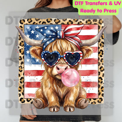 Highland Cow American Flag DTF Transfer Ready to Press Patriotic Cow with Sunglasses and Bubblegum Heat Transfer For Shirts Independence Day UV Sticker Prints