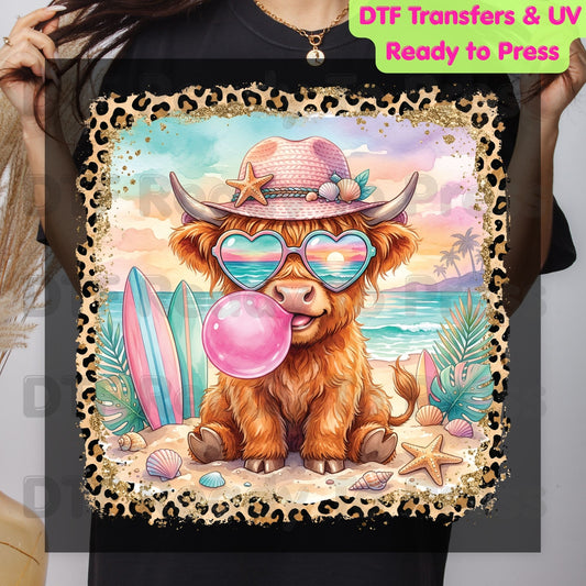 Highland Cow Beach Day Summer Vacation DTF Transfer Ready to Press Western Cow Surfboard Heat Transfer for Shirts UV Sticker Prints