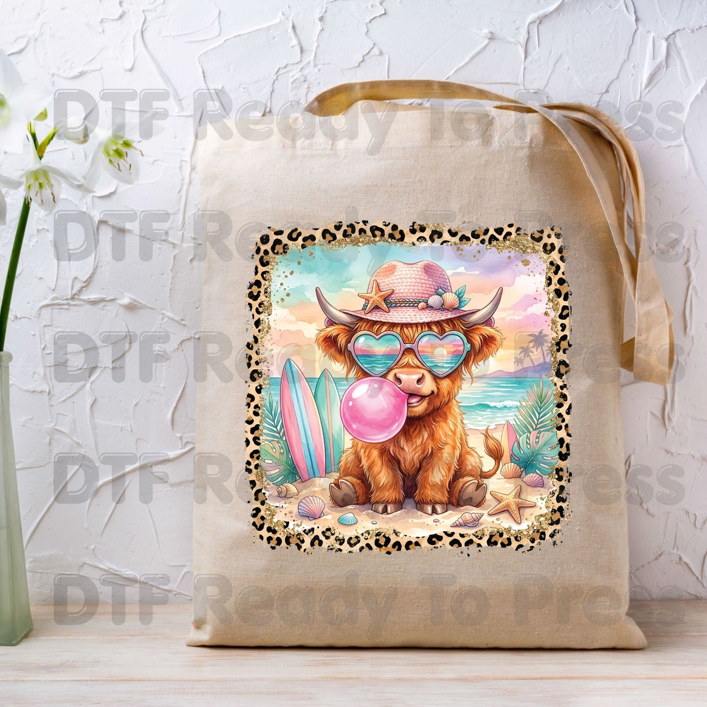 Highland Cow Beach Day Summer Vacation DTF Transfer Ready to Press Western Cow Surfboard Heat Transfer for Shirts UV Sticker Prints
