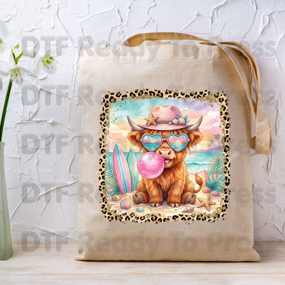Highland Cow Beach Day Summer Vacation DTF Transfer Ready to Press Western Cow Surfboard Heat Transfer for Shirts UV Sticker Prints