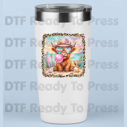 Highland Cow Beach Day Summer Vacation DTF Transfer Ready to Press Western Cow Surfboard Heat Transfer for Shirts UV Sticker Prints