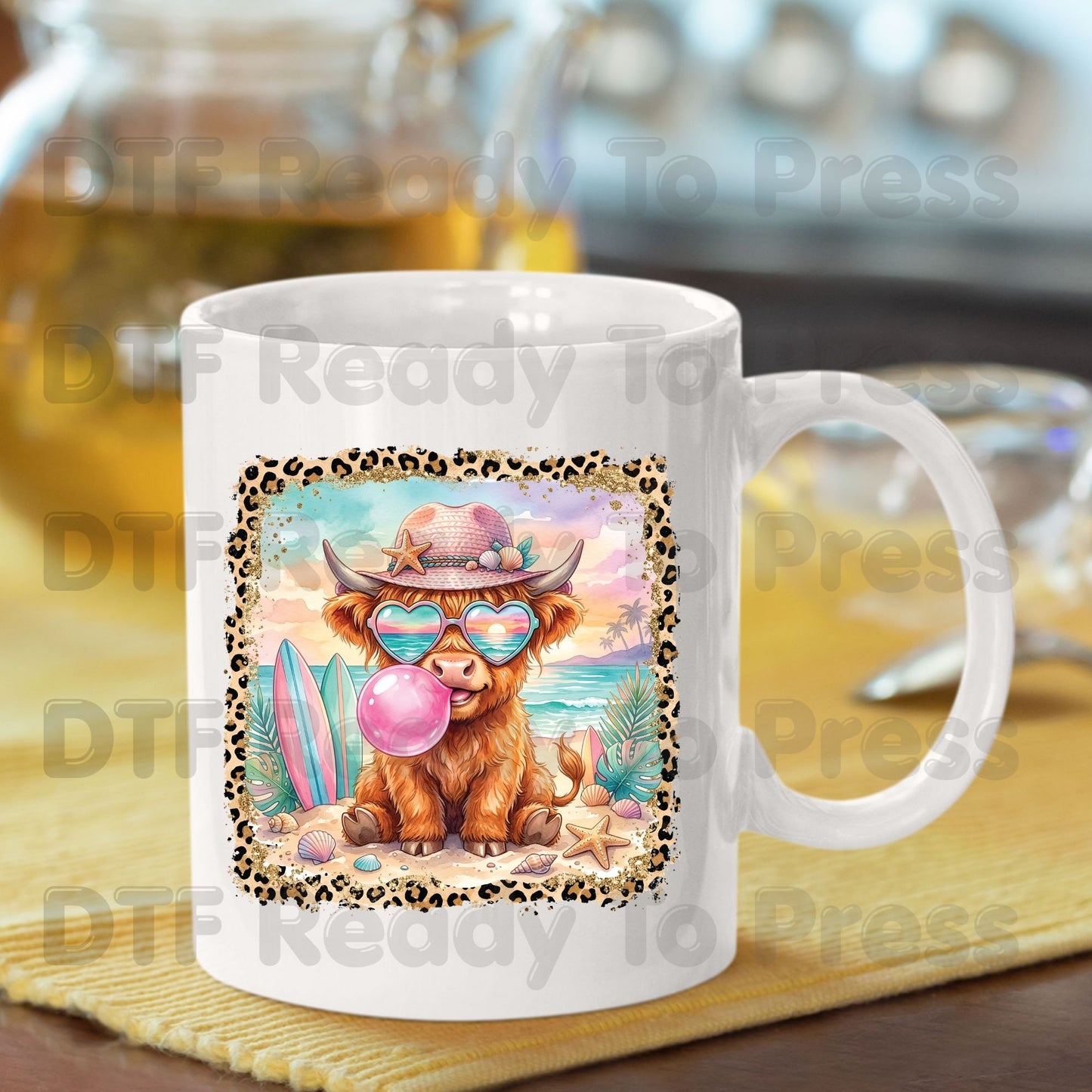 Highland Cow Beach Day Summer Vacation DTF Transfer Ready to Press Western Cow Surfboard Heat Transfer for Shirts UV Sticker Prints