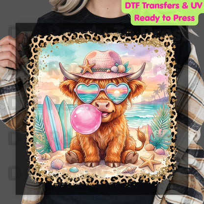 Highland Cow Beach Day Summer Vacation DTF Transfer Ready to Press Western Cow Surfboard Heat Transfer for Shirts UV Sticker Prints