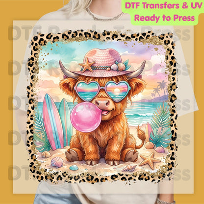 Highland Cow Beach Day Summer Vacation DTF Transfer Ready to Press Western Cow Surfboard Heat Transfer for Shirts UV Sticker Prints