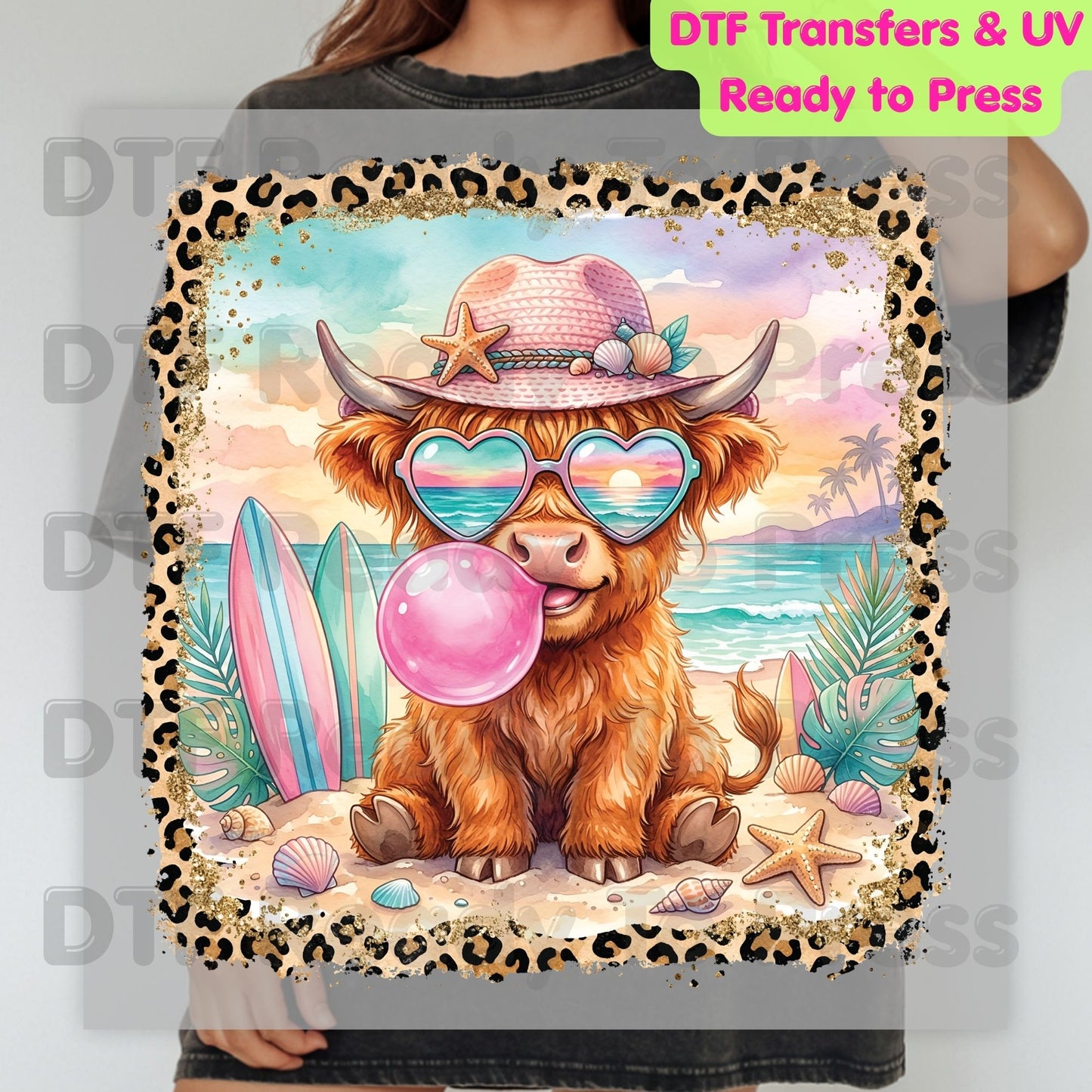 Highland Cow Beach Day Summer Vacation DTF Transfer Ready to Press Western Cow Surfboard Heat Transfer for Shirts UV Sticker Prints