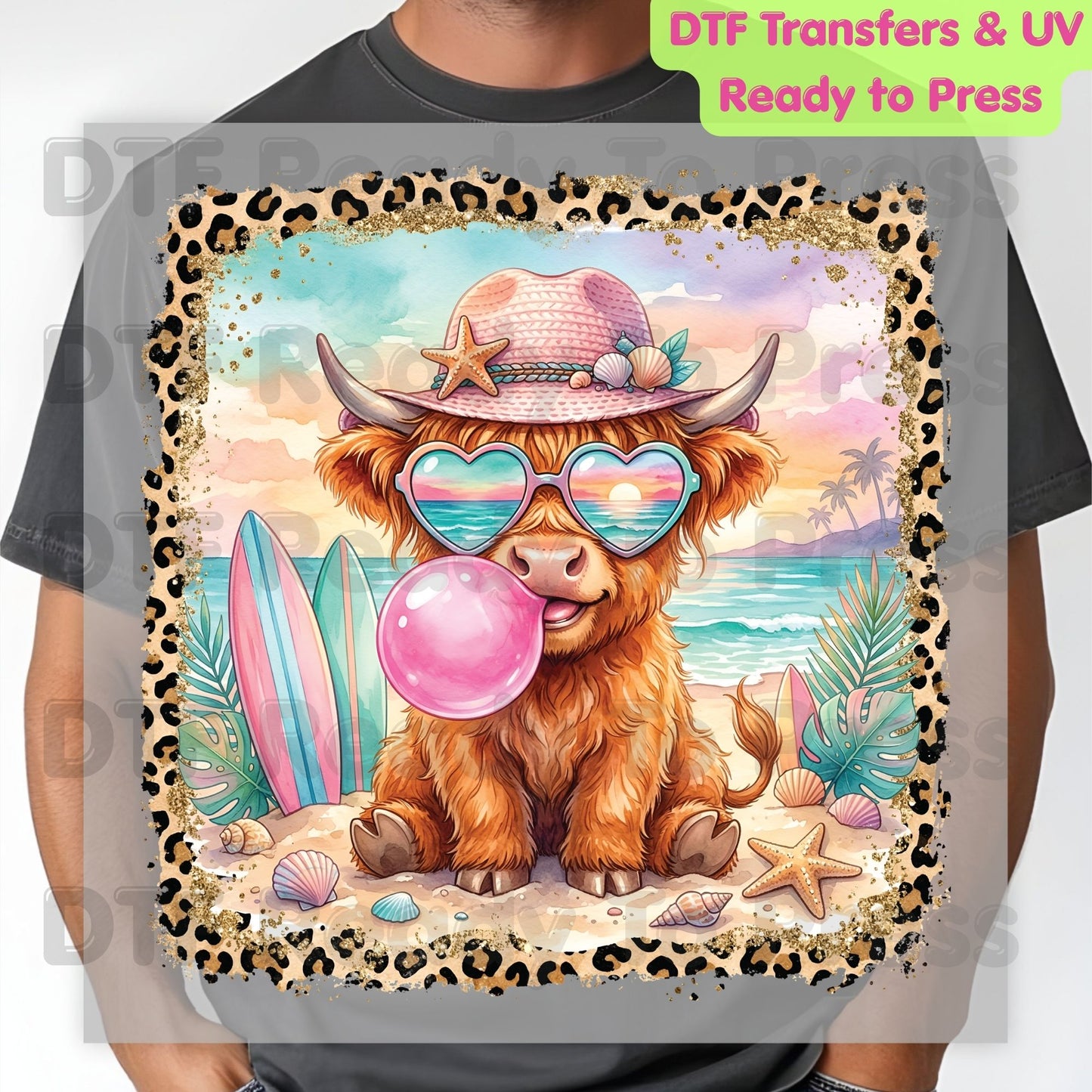 Highland Cow Beach Day Summer Vacation DTF Transfer Ready to Press Western Cow Surfboard Heat Transfer for Shirts UV Sticker Prints