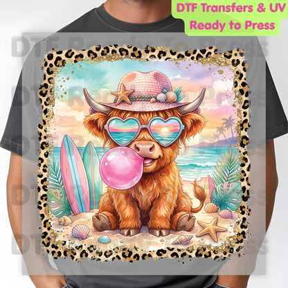 Highland Cow Beach Day Summer Vacation DTF Transfer Ready to Press Western Cow Surfboard Heat Transfer for Shirts UV Sticker Prints
