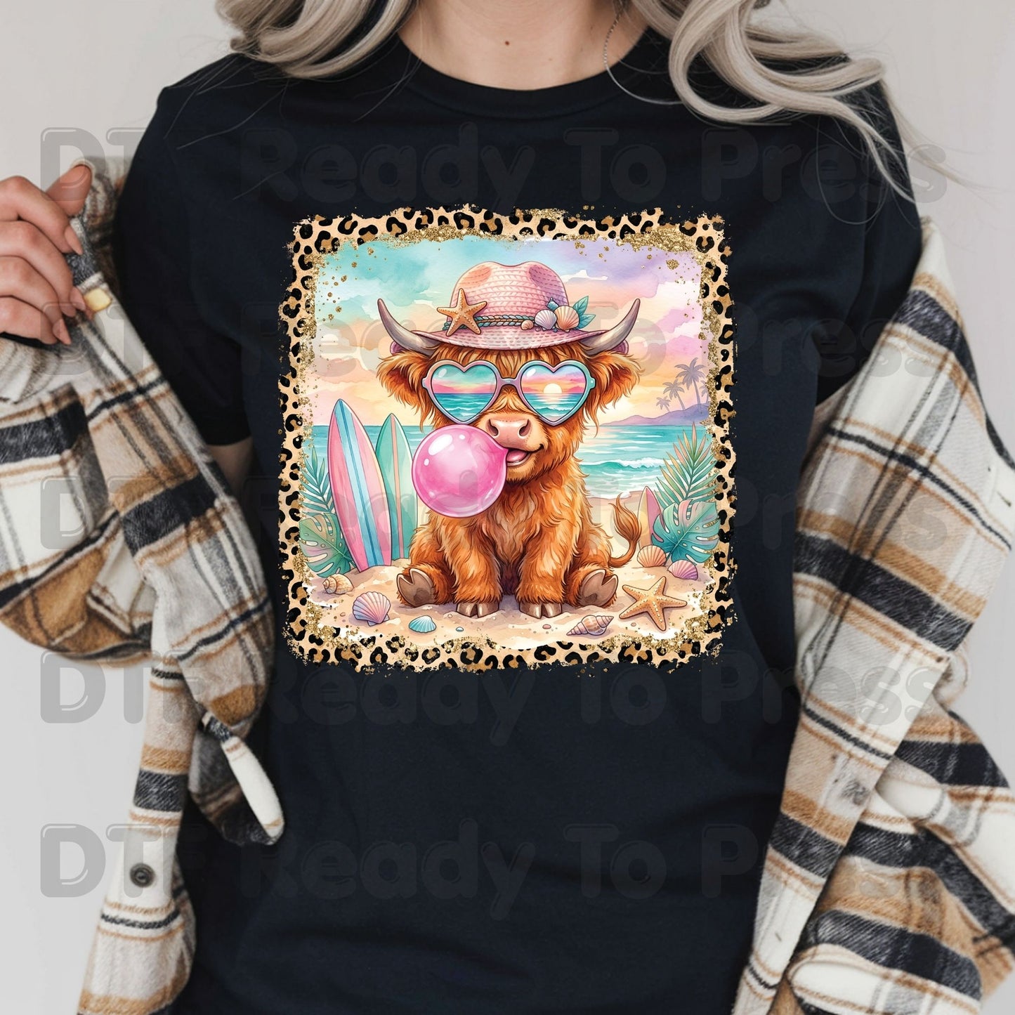 Highland Cow Beach Day Summer Vacation DTF Transfer Ready to Press Western Cow Surfboard Heat Transfer for Shirts UV Sticker Prints