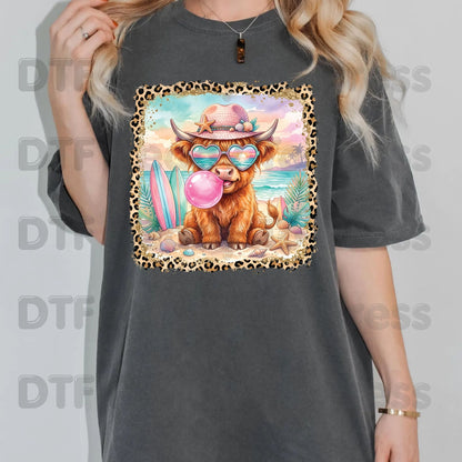 Highland Cow Beach Day Summer Vacation DTF Transfer Ready to Press Western Cow Surfboard Heat Transfer for Shirts UV Sticker Prints