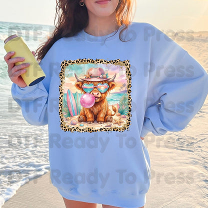 Highland Cow Beach Day Summer Vacation DTF Transfer Ready to Press Western Cow Surfboard Heat Transfer for Shirts UV Sticker Prints