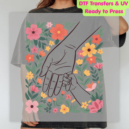 Holding Hands Floral DTF Transfer Ready to Press Mother and Child Retro Flowers Heat Transfer For Shirts Mother's Day UV Sticker Prints