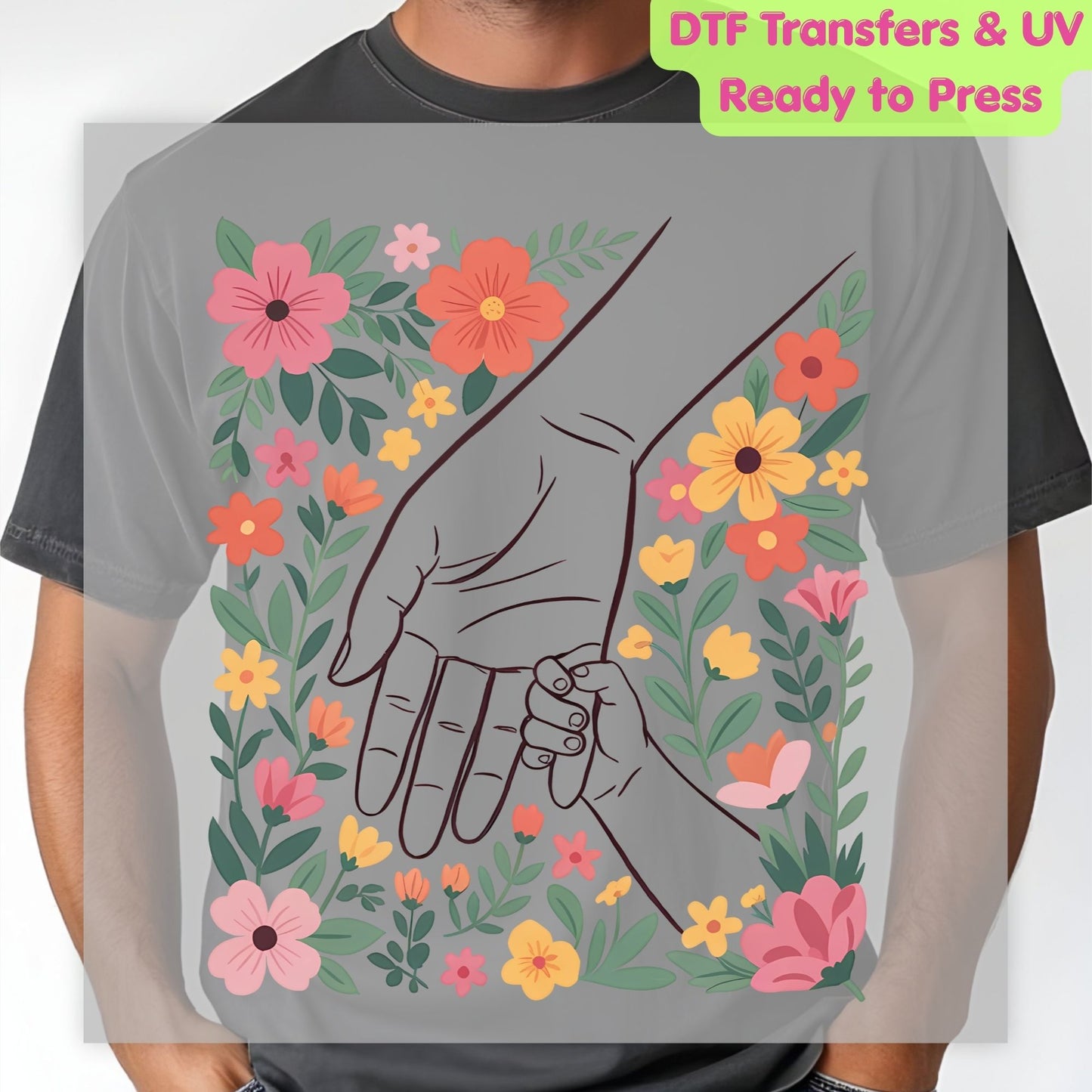 Holding Hands Floral DTF Transfer Ready to Press Mother and Child Retro Flowers Heat Transfer For Shirts Mother's Day UV Sticker Prints