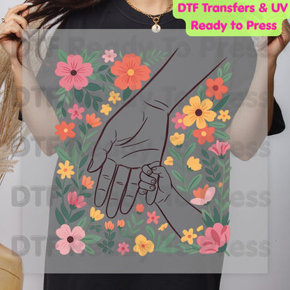 Holding Hands Floral DTF Transfer Ready to Press Mother and Child Retro Flowers Heat Transfer For Shirts Mother's Day UV Sticker Prints