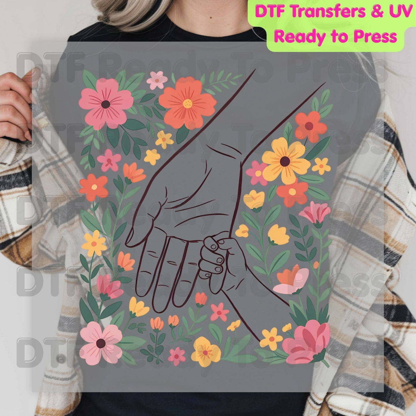 Holding Hands Floral DTF Transfer Ready to Press Mother and Child Retro Flowers Heat Transfer For Shirts Mother's Day UV Sticker Prints