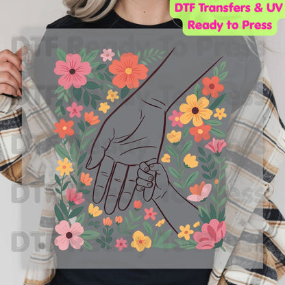 Holding Hands Floral DTF Transfer Ready to Press Mother and Child Retro Flowers Heat Transfer For Shirts Mother's Day UV Sticker Prints