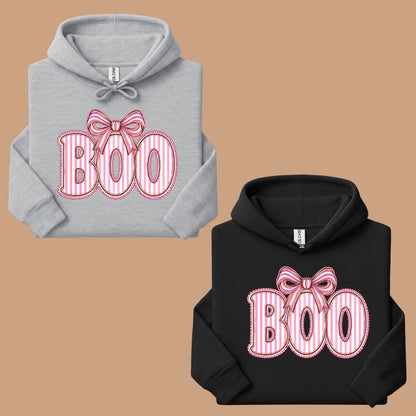 Boo Coquette Pink Bow Halloween T-Shirt, Striped Ribbon Cute Spooky Season Tee