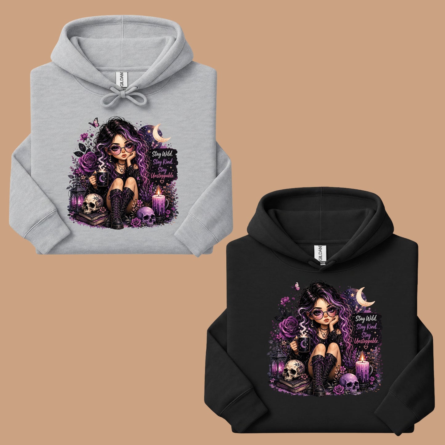 Stay Wild Stay Kind Goth Girl Skull T-Shirt, Purple Crescent Moon Witchy Tee