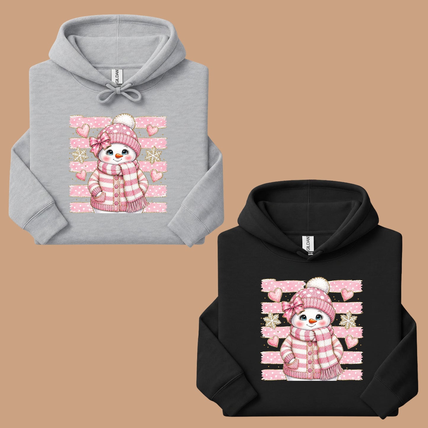 Cute Pink Snowgirl Winter T-Shirt, Snowman Beanie Bow Pink Stripes Hearts Tee