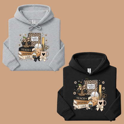 Teach Inspire Love Leopard Teacher T-Shirt, Notebook Coffee Iced Drink Comfort Color Tee