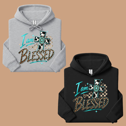 I Am Blessed Western Cross Cow Print T-Shirt, Turquoise Leopard Faith Tee