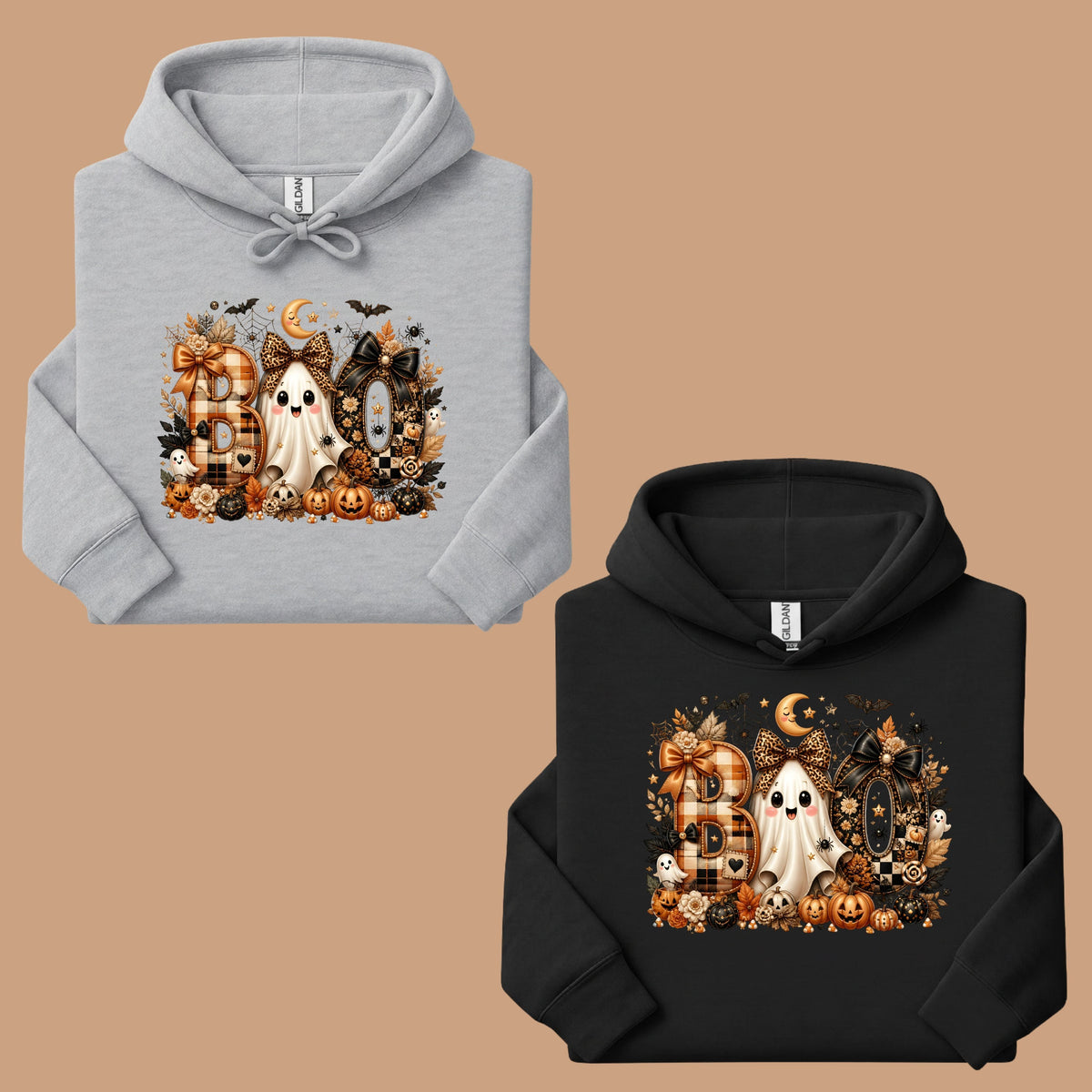 Halloween Boo Ghost T-Shirt, Cute Bows Orange Plaid Leopard Spooky Season Comfort Color Tee