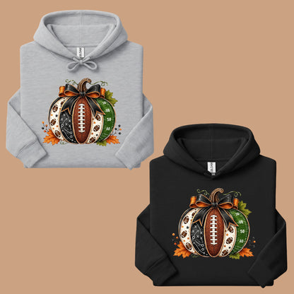 Football Pumpkin Bow Fall T-Shirt, Game Day Football Field Patchwork Autumn Tee