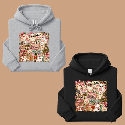 Cozy Pink Christmas Collage T-Shirt, Santa Reindeer Gingerbread Nutcracker North Pole Holiday Tee