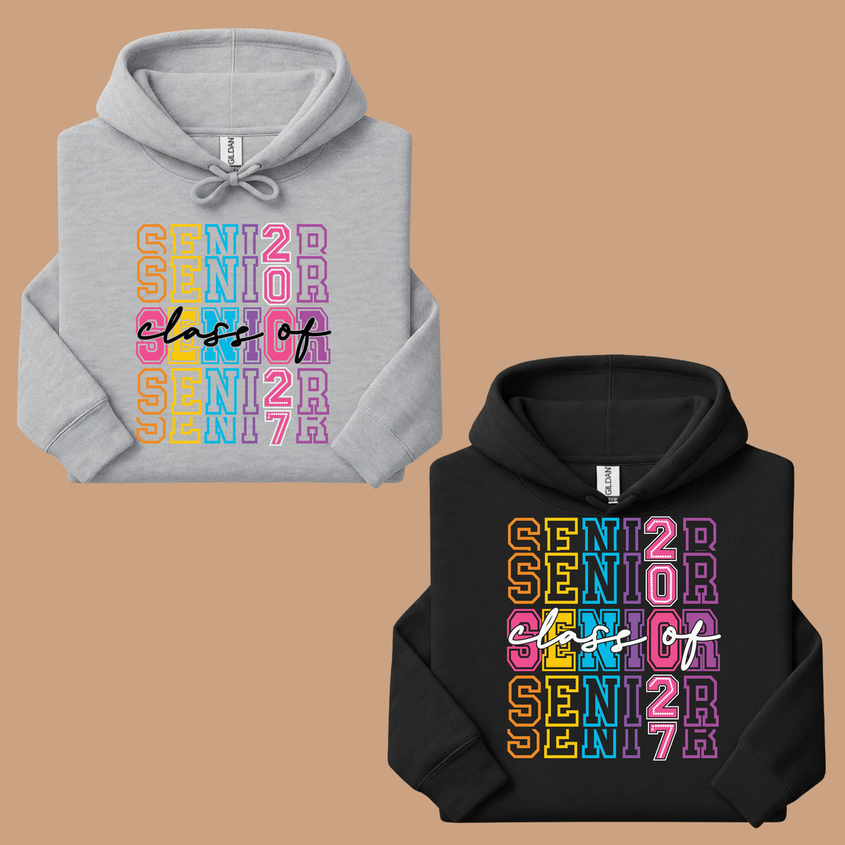 Senior Class of 2027 Colorful Retro T-Shirt, Stacked Varsity Letters Pastel Graduation Tee